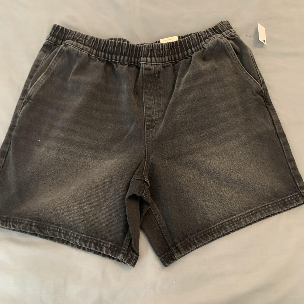 Men's Shorts Large Black Denim Bermuda Elastic Waist Casual Slash Pockets Fade